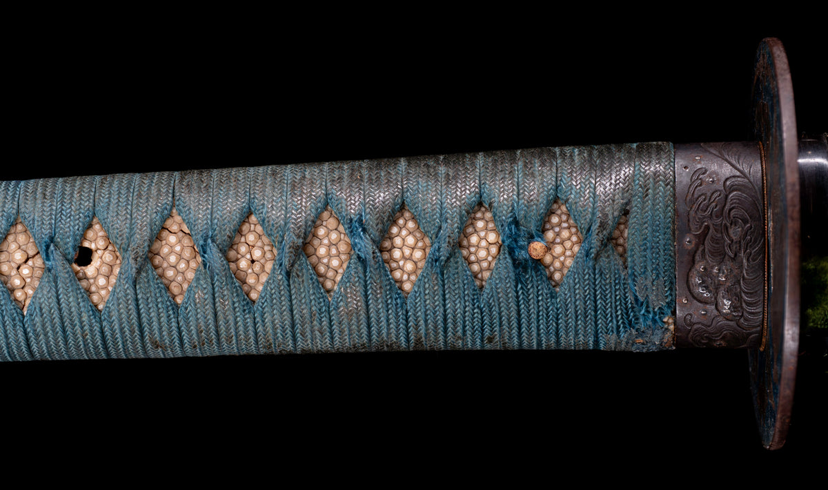 Antique Japanese Katana Sword attributed to Sagami no Kami Yasuyuki with Suguha Hamon, Wave Fuchi-Kashira and Blue-Ground Iron Tsuba — Edo Shintō