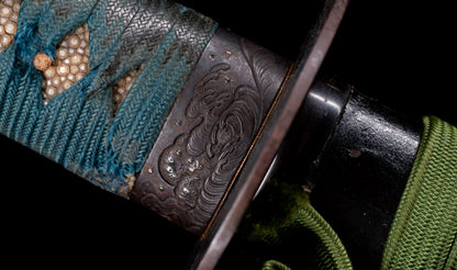 Antique Japanese Katana Sword attributed to Sagami no Kami Yasuyuki with Suguha Hamon, Wave Fuchi-Kashira and Blue-Ground Iron Tsuba — Edo Shintō