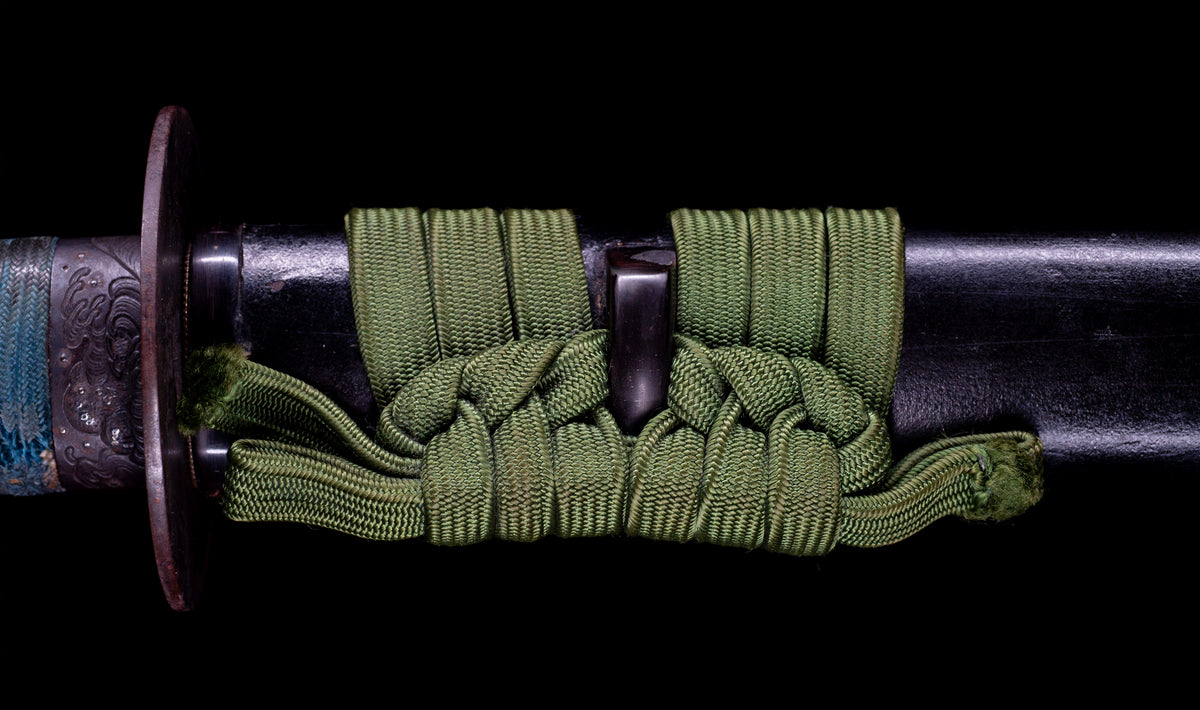 Antique Japanese Katana Sword attributed to Sagami no Kami Yasuyuki with Suguha Hamon, Wave Fuchi-Kashira and Blue-Ground Iron Tsuba — Edo Shintō