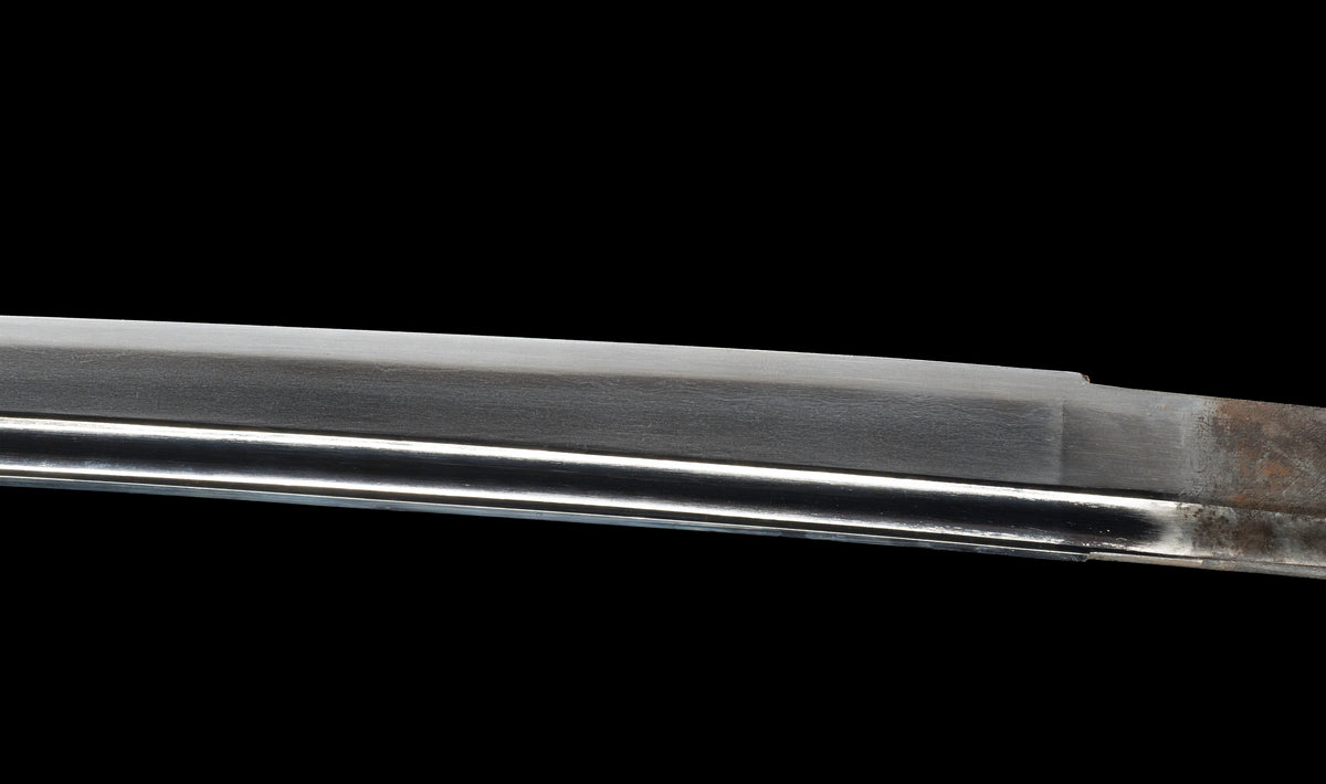 Antique Japanese Katana Sword attributed to Sagami no Kami Yasuyuki with Suguha Hamon, Wave Fuchi-Kashira and Blue-Ground Iron Tsuba — Edo Shintō
