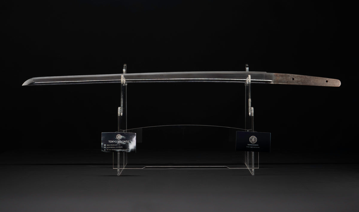 Antique Japanese Katana Sword attributed to Sagami no Kami Yasuyuki with Suguha Hamon, Wave Fuchi-Kashira and Blue-Ground Iron Tsuba — Edo Shintō
