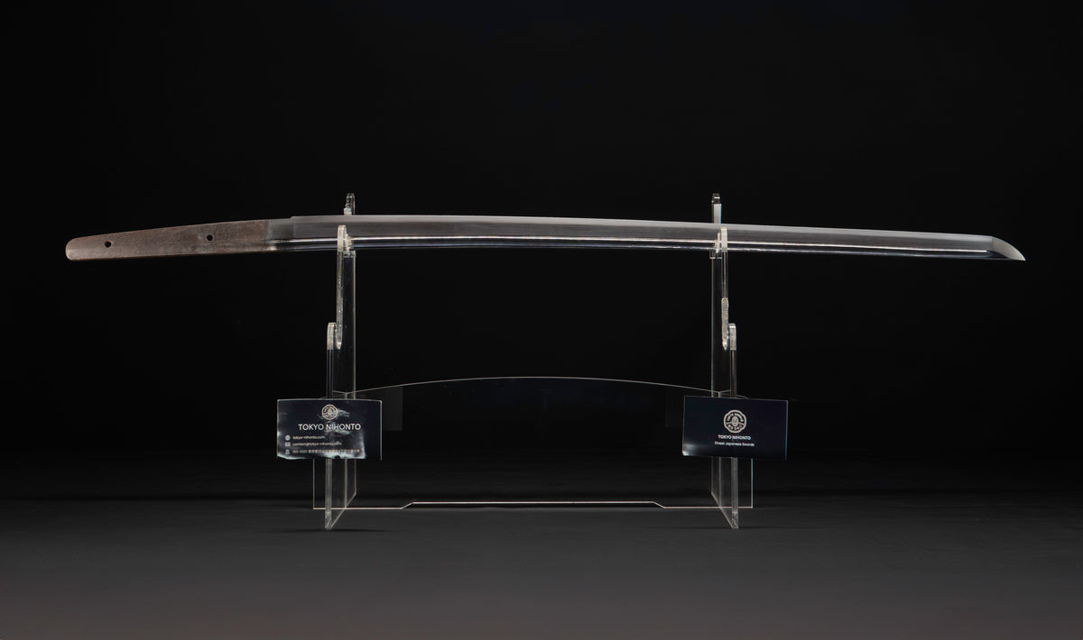 Antique Japanese Katana Sword attributed to Sagami no Kami Yasuyuki with Suguha Hamon, Wave Fuchi-Kashira and Blue-Ground Iron Tsuba — Edo Shintō