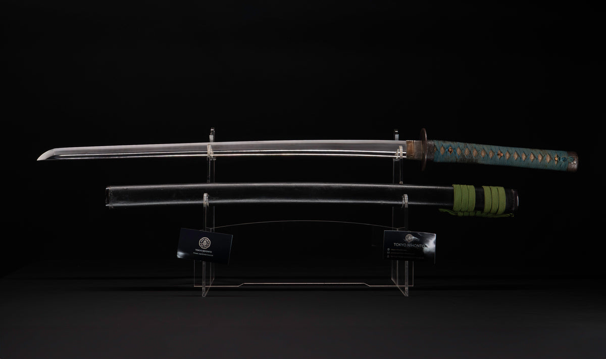 Antique Japanese Katana Sword attributed to Sagami no Kami Yasuyuki with Suguha Hamon, Wave Fuchi-Kashira and Blue-Ground Iron Tsuba — Edo Shintō