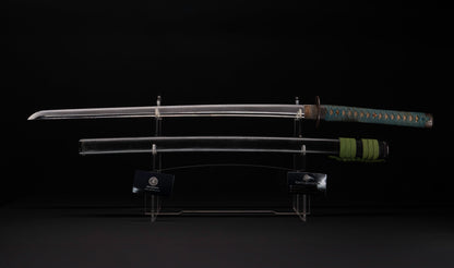 Antique Japanese Katana Sword attributed to Sagami no Kami Yasuyuki with Suguha Hamon, Wave Fuchi-Kashira and Blue-Ground Iron Tsuba — Edo Shintō