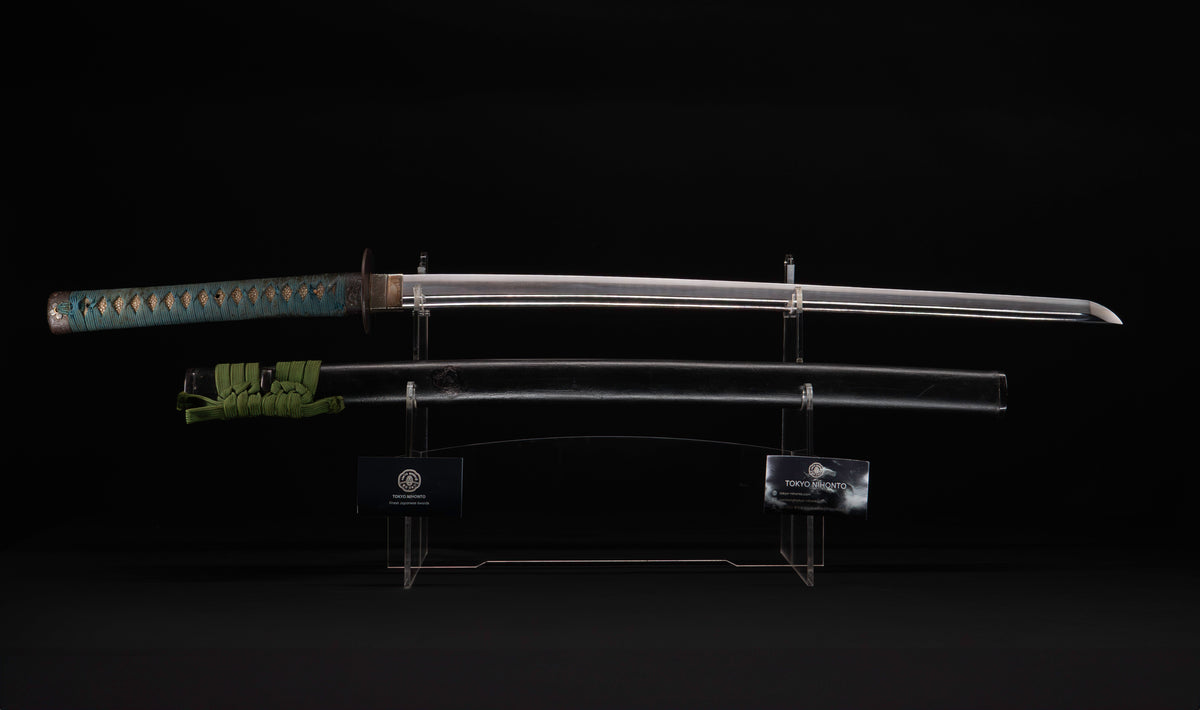 Antique Japanese Katana Sword attributed to Sagami no Kami Yasuyuki with Suguha Hamon, Wave Fuchi-Kashira and Blue-Ground Iron Tsuba — Edo Shintō