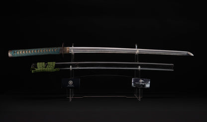 Antique Japanese Katana Sword attributed to Sagami no Kami Yasuyuki with Suguha Hamon, Wave Fuchi-Kashira and Blue-Ground Iron Tsuba — Edo Shintō
