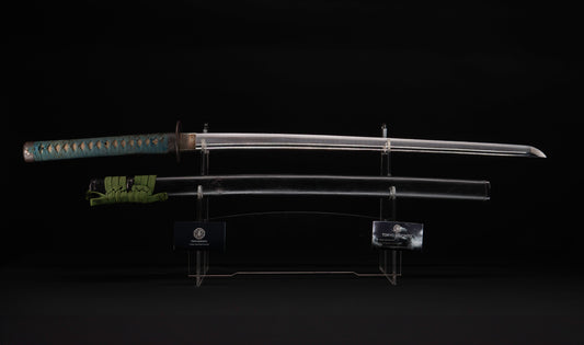 Antique Japanese Katana Sword attributed to Sagami no Kami Yasuyuki with Suguha Hamon, Wave Fuchi-Kashira and Blue-Ground Iron Tsuba — Edo Shintō