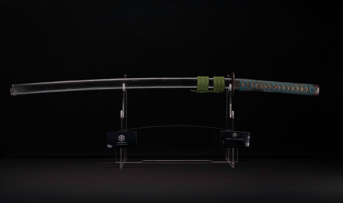 Antique Japanese Katana Sword attributed to Sagami no Kami Yasuyuki with Suguha Hamon, Wave Fuchi-Kashira and Blue-Ground Iron Tsuba — Edo Shintō