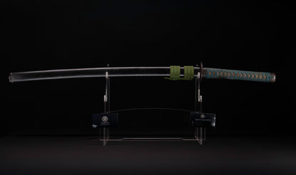 Antique Japanese Katana Sword attributed to Sagami no Kami Yasuyuki with Suguha Hamon, Wave Fuchi-Kashira and Blue-Ground Iron Tsuba — Edo Shintō