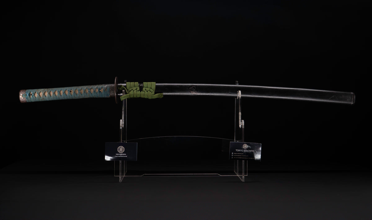 Antique Japanese Katana Sword attributed to Sagami no Kami Yasuyuki with Suguha Hamon, Wave Fuchi-Kashira and Blue-Ground Iron Tsuba — Edo Shintō