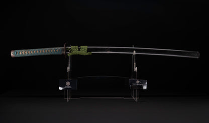 Antique Japanese Katana Sword attributed to Sagami no Kami Yasuyuki with Suguha Hamon, Wave Fuchi-Kashira and Blue-Ground Iron Tsuba — Edo Shintō