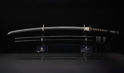 Antiker japanischer katana aus der Muromachi-Epoche, Kaifu zugeschrieben, mit durchbrochenem Eisen-Sukashi tsuba und Shakudō-Figuren fuchi-kashira - NBTHK Hozon