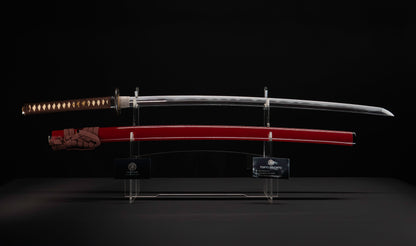 Antiker japanischer katana mit notare-gunome hamon, vergoldeten Drachenfiguren-menuki und roter Lackierter saya — Edo-Periode