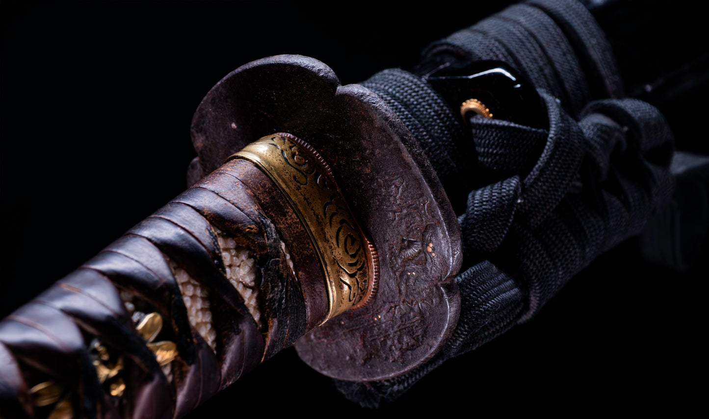 Antique Japanese Katana Sword with Tombo Dragonfly Menuki & Sansui Landscape Tsuba