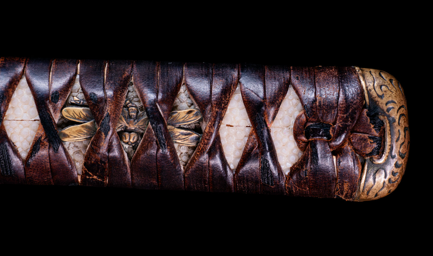 Antique Japanese Katana Sword with Tombo Dragonfly Menuki & Sansui Landscape Tsuba