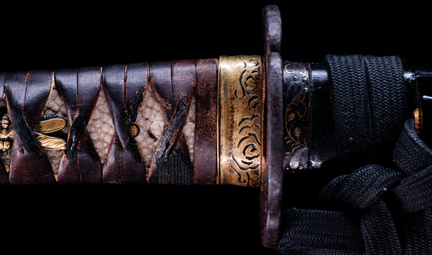 Antique Japanese Katana Sword with Tombo Dragonfly Menuki & Sansui Landscape Tsuba