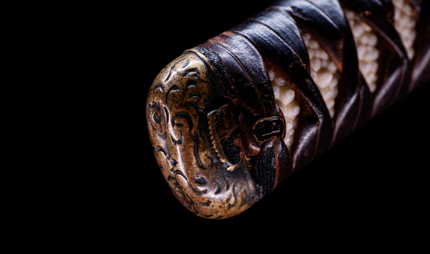 Antique Japanese Katana Sword with Tombo Dragonfly Menuki & Sansui Landscape Tsuba