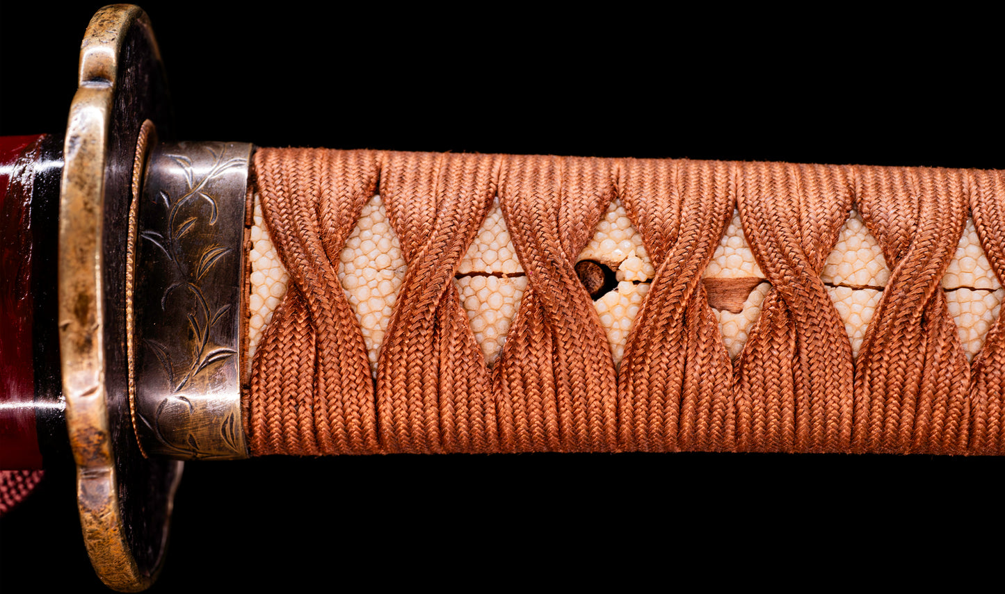 Antique Japanese Katana Sword with Red Saya and Gold Fukurin Momiji Tsuba