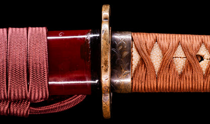 Antique Japanese Katana Sword with Red Saya and Gold Fukurin Momiji Tsuba