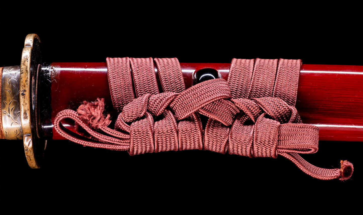 Antique Japanese Katana Sword with Red Saya and Gold Fukurin Momiji Tsuba