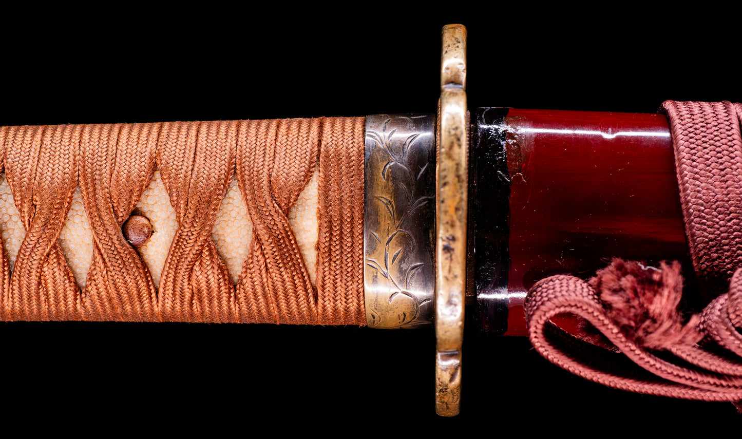 Antique Japanese Katana Sword with Red Saya and Gold Fukurin Momiji Tsuba