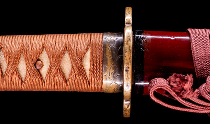 Antique Japanese Katana Sword with Red Saya and Gold Fukurin Momiji Tsuba