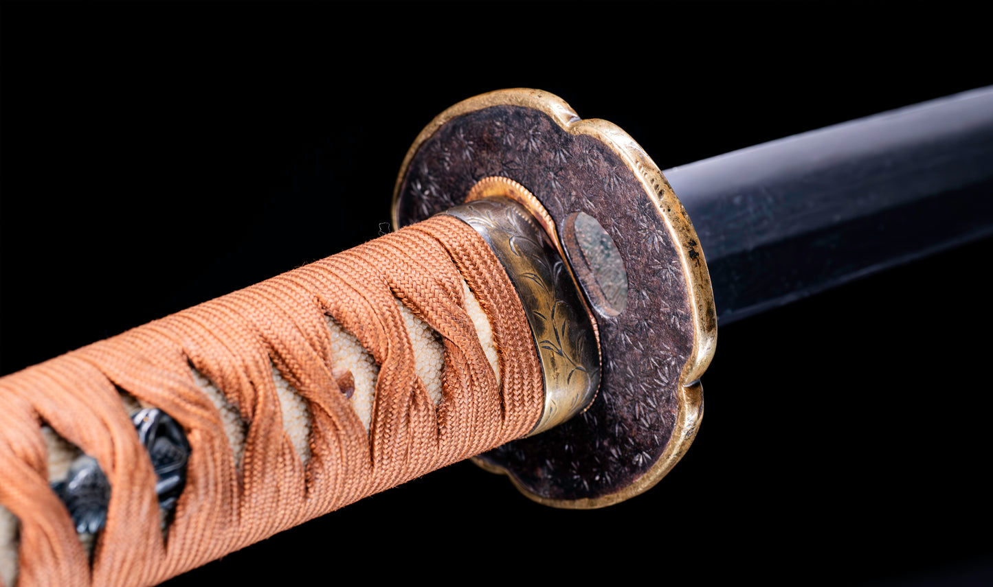 Antique Japanese Katana Sword with Red Saya and Gold Fukurin Momiji Tsuba