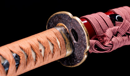 Antique Japanese Katana Sword with Red Saya and Gold Fukurin Momiji Tsuba