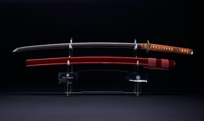 Antique Japanese Katana Sword with Red Saya and Gold Fukurin Momiji Tsuba