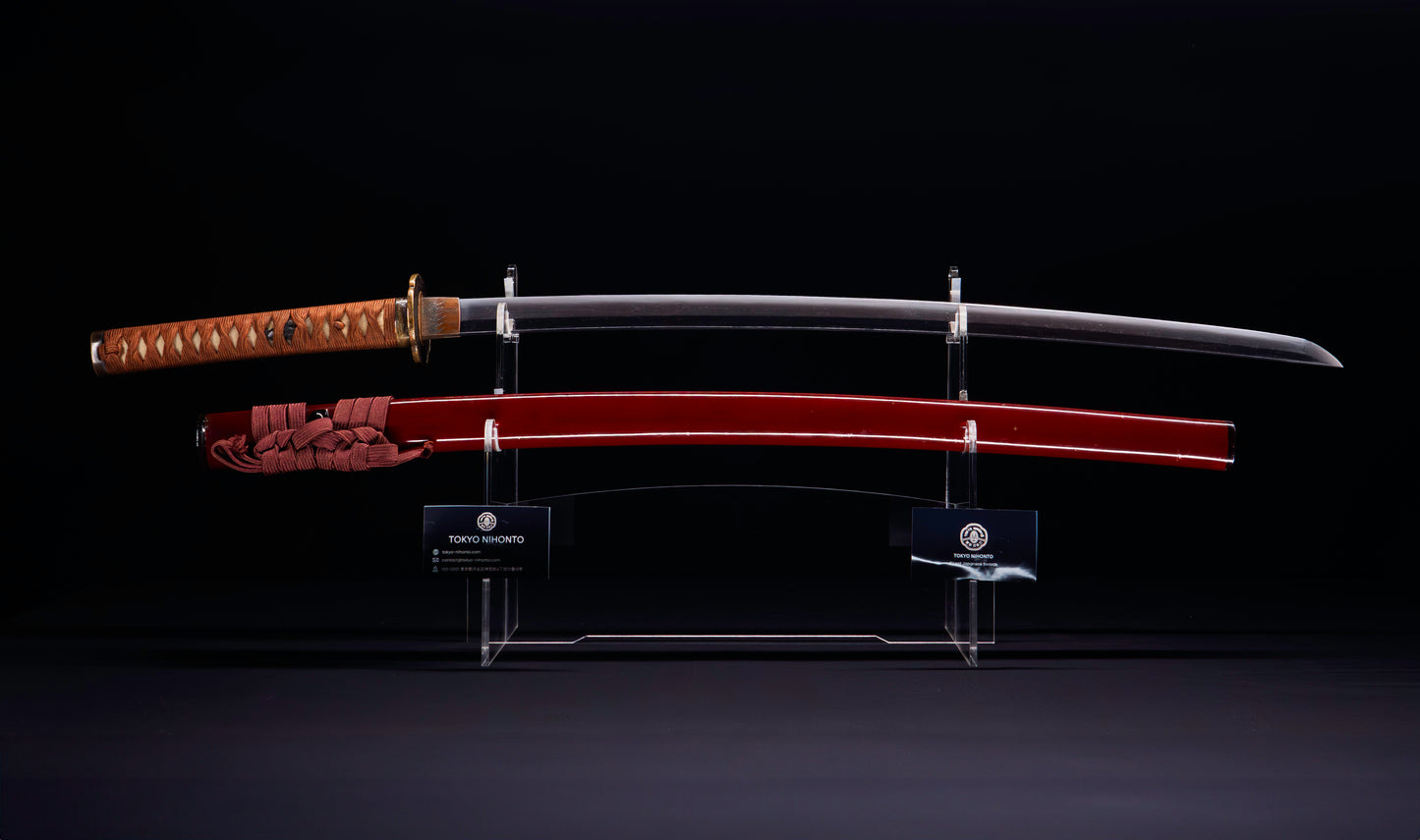 Antique Japanese Katana Sword with Red Saya and Gold Fukurin Momiji Tsuba