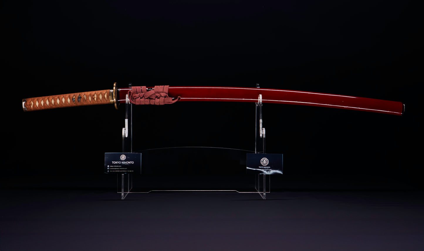 Antique Japanese Katana Sword with Red Saya and Gold Fukurin Momiji Tsuba