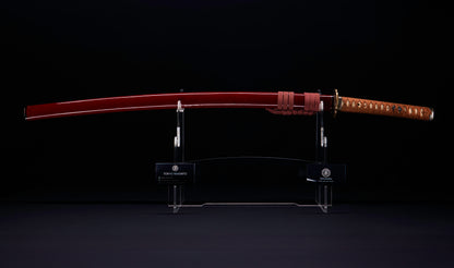 Antique Japanese Katana Sword with Red Saya and Gold Fukurin Momiji Tsuba
