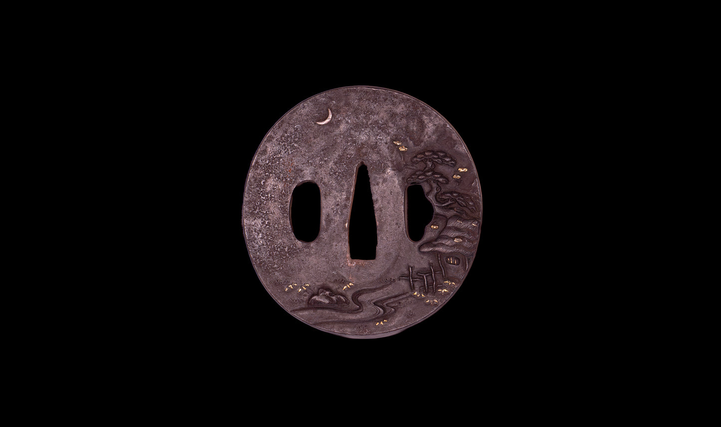 Katana japonesa antigua firmada Kojima Katsumasa con tsuba de hierro tipo paisaje