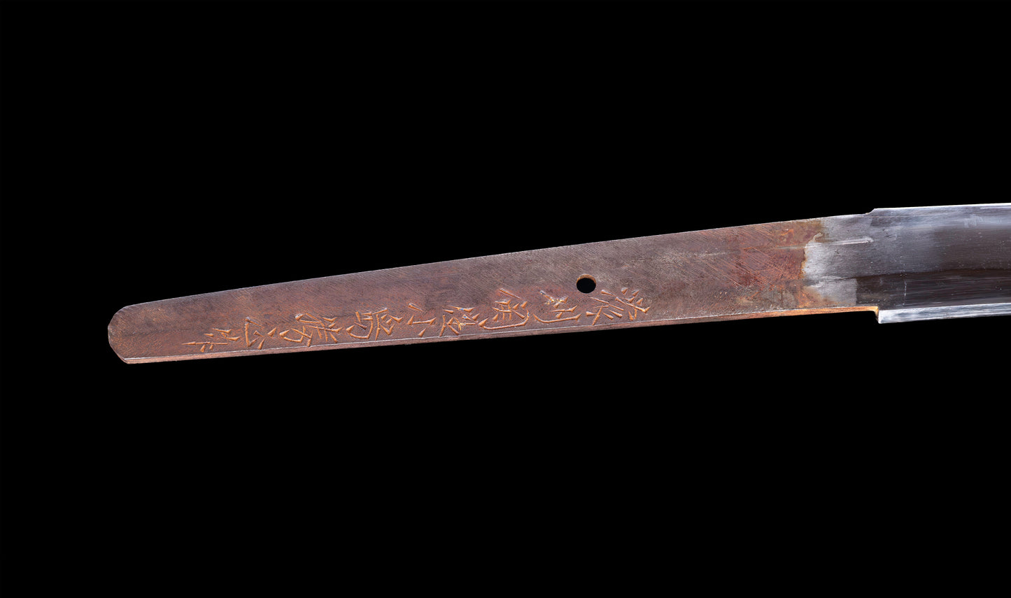 Katana japonesa antigua firmada Kojima Katsumasa con tsuba de hierro tipo paisaje