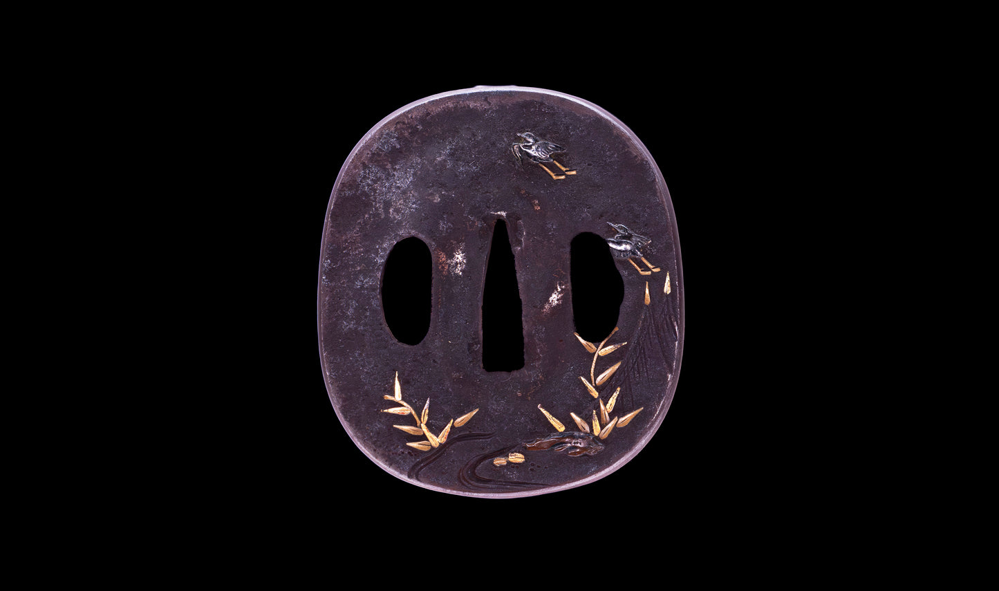 Katana japonesa antigua, tsuba Ave acuática firmado Awataguchi