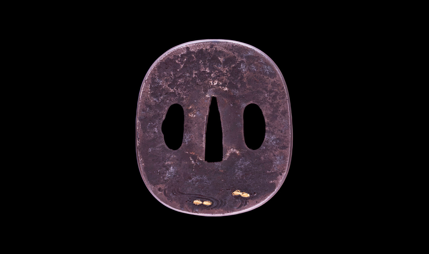 Katana japonesa antigua, tsuba Ave acuática firmado Awataguchi
