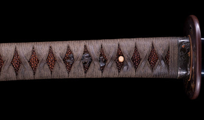 Katana japonesa antigua, tsuba Ave acuática firmado Awataguchi