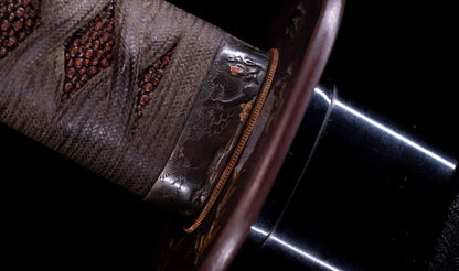 Katana japonesa antigua, tsuba Ave acuática firmado Awataguchi