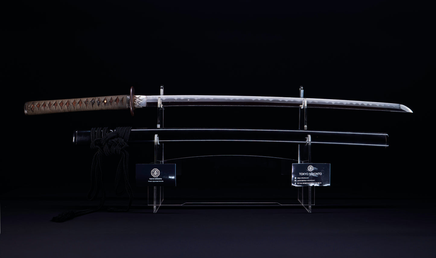 Katana japonesa antigua, tsuba Ave acuática firmado Awataguchi