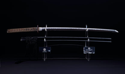 Katana japonesa antigua, tsuba Ave acuática firmado Awataguchi