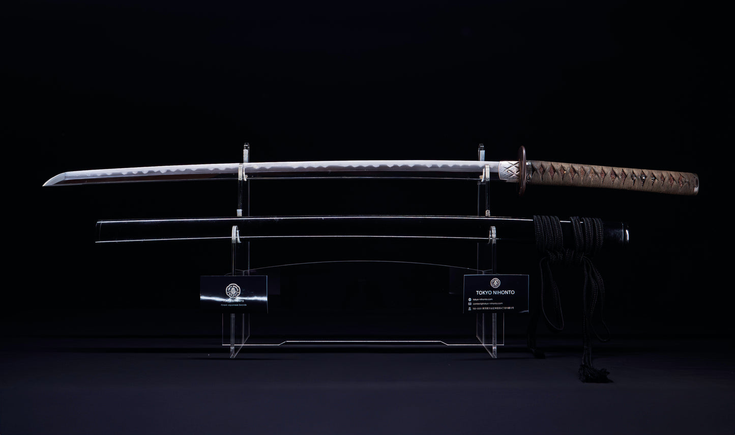 Katana japonesa antigua, tsuba Ave acuática firmado Awataguchi
