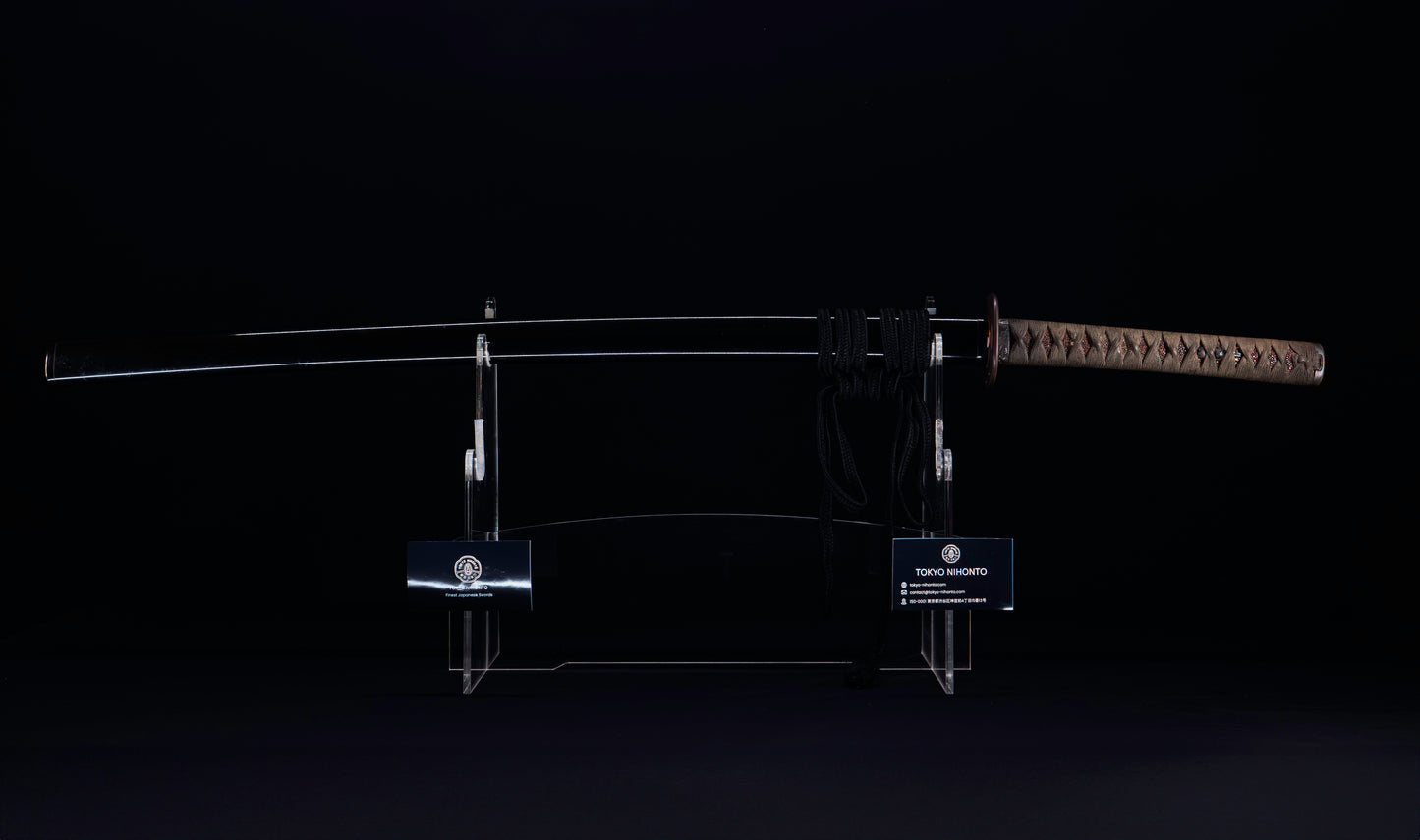 Katana japonesa antigua, tsuba Ave acuática firmado Awataguchi