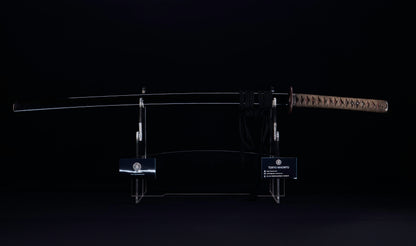 Katana japonesa antigua, tsuba Ave acuática firmado Awataguchi