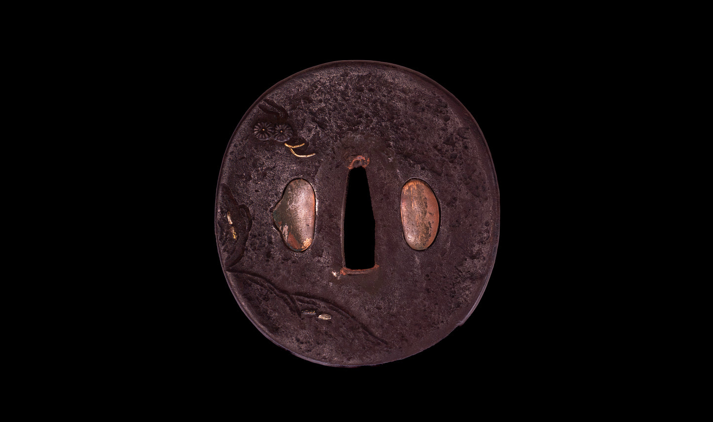 Antique Japanese Katana with Seated Sages Iron Tsuba and Suguha Hamon, Mumei, Edo Period
