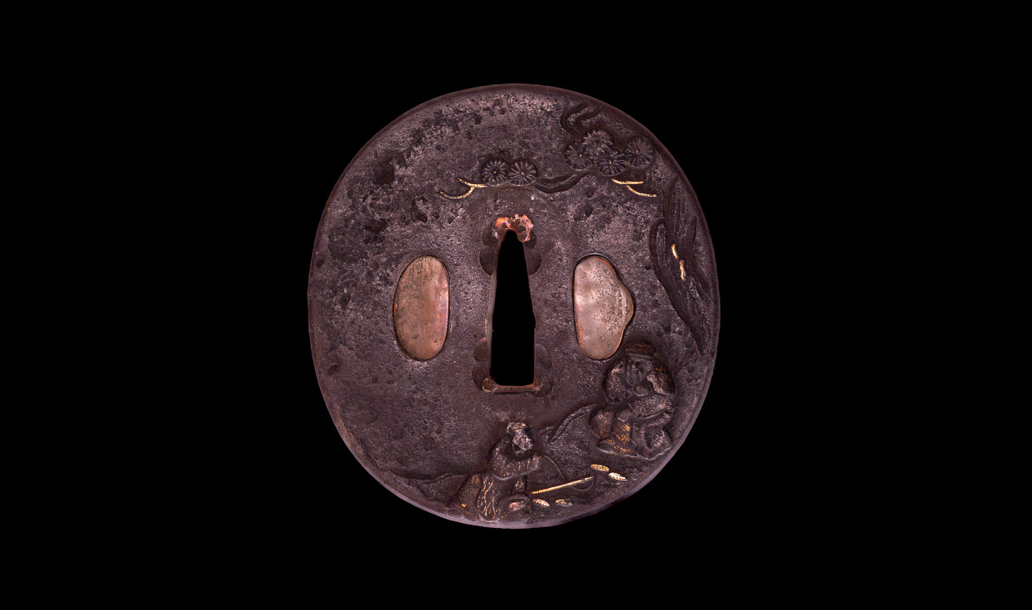 Antique Japanese Katana with Seated Sages Iron Tsuba and Suguha Hamon, Mumei, Edo Period