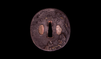 Antique Japanese Katana with Seated Sages Iron Tsuba and Suguha Hamon, Mumei, Edo Period