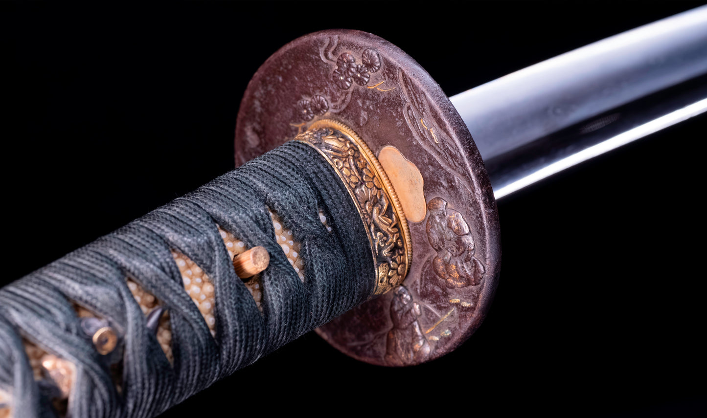 Antique Japanese Katana with Seated Sages Iron Tsuba and Suguha Hamon, Mumei, Edo Period