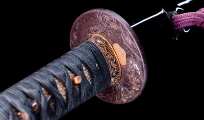 Antique Japanese Katana with Seated Sages Iron Tsuba and Suguha Hamon, Mumei, Edo Period