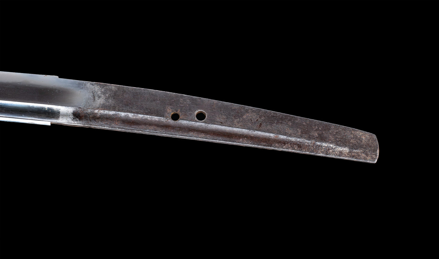 Antique Japanese Katana with Seated Sages Iron Tsuba and Suguha Hamon, Mumei, Edo Period