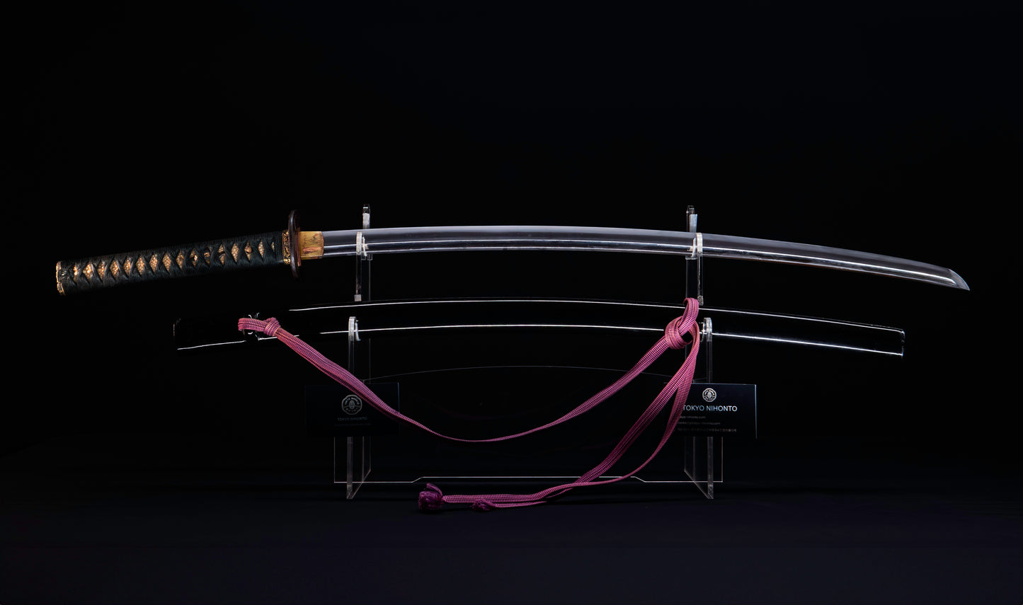 Antique Japanese Katana with Seated Sages Iron Tsuba and Suguha Hamon, Mumei, Edo Period
